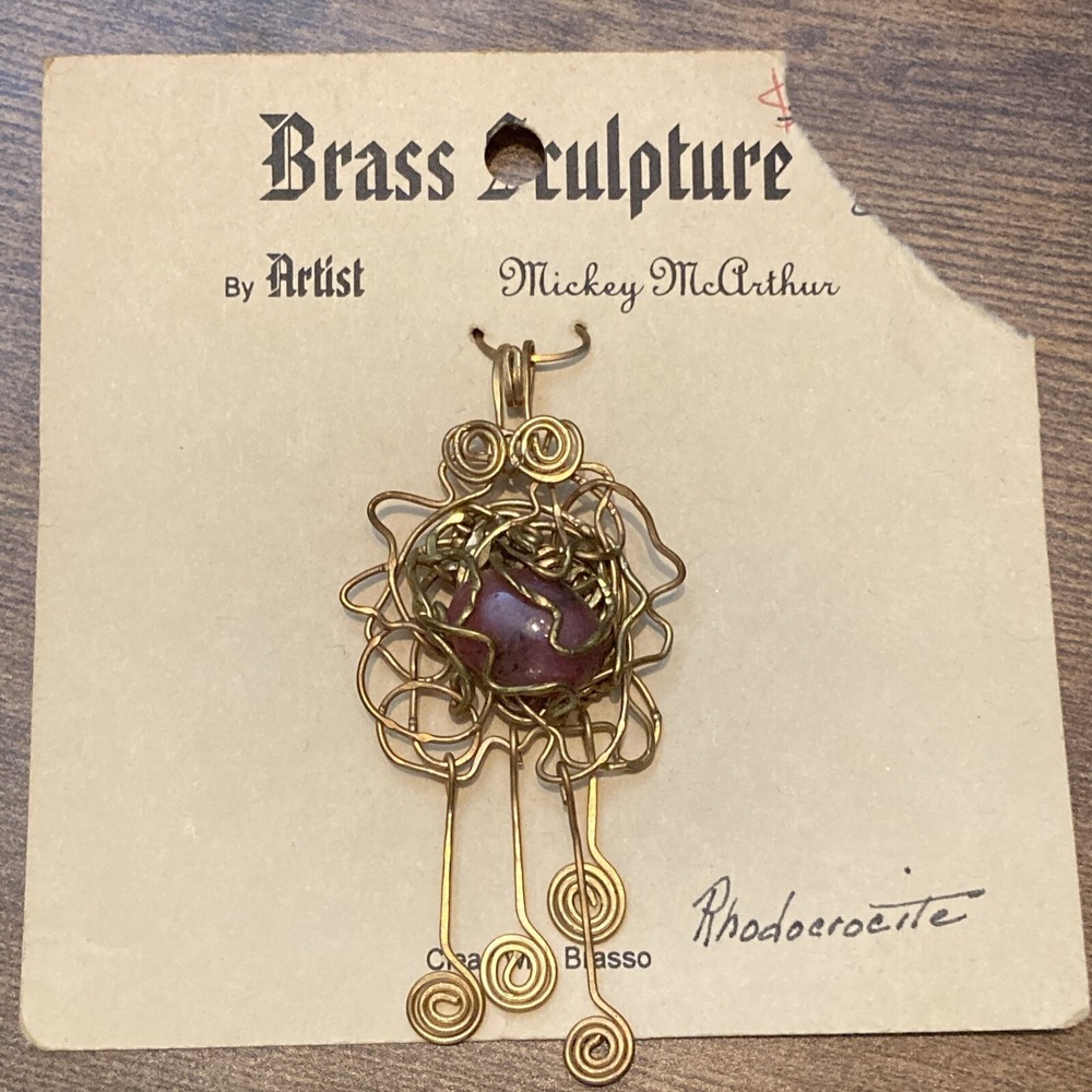 Wire Wrapped Brass Rhodochrocite Handmade Pendant 3" Gemstone Jewelry
